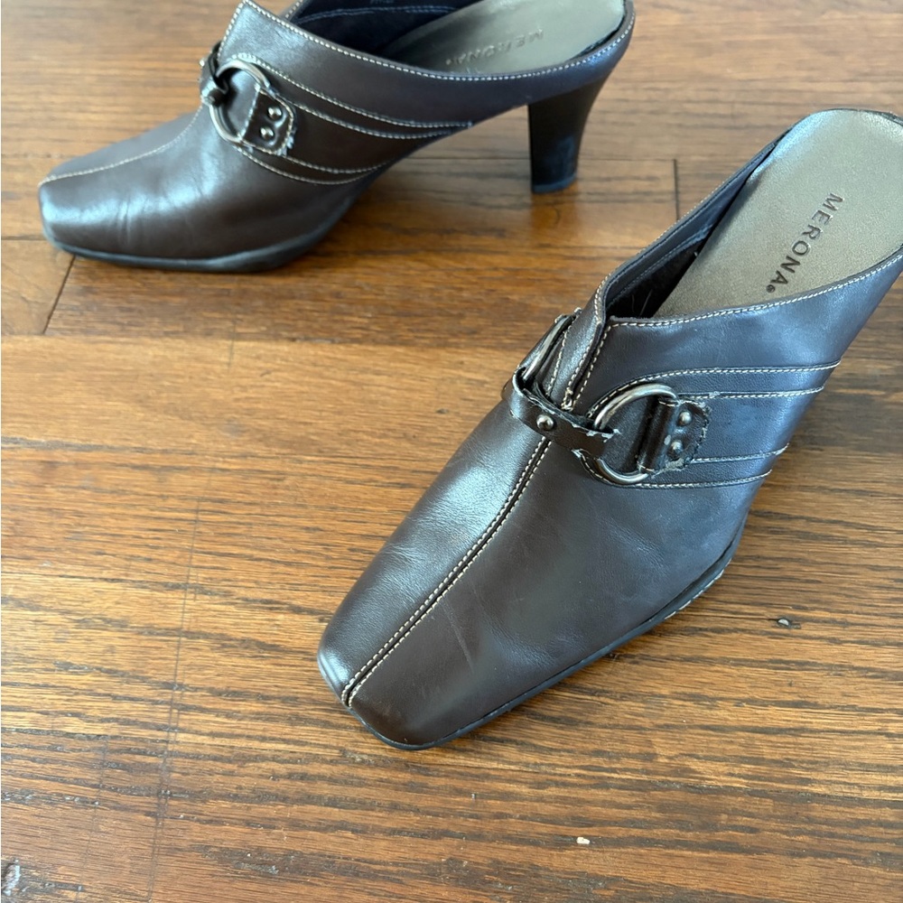 Merona Dark Brown Leather Mules with Buckle